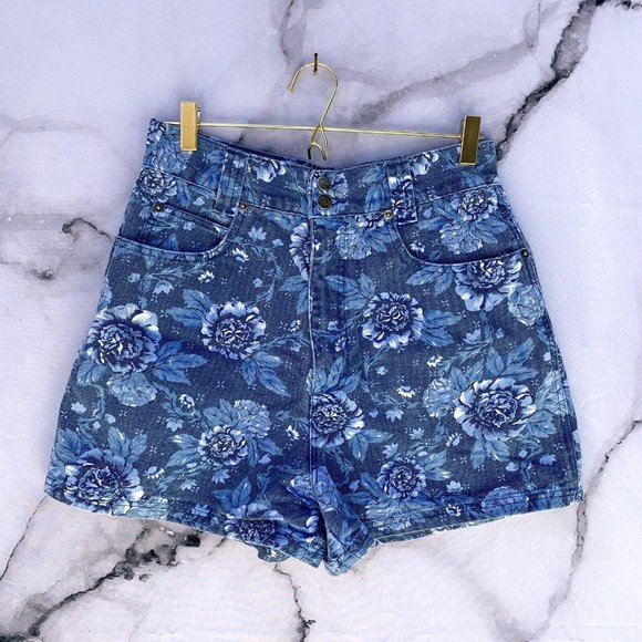 Vintage 90s Denim Republic Canvas Blue Floral Print High Rise Jean Shorts SZ 13 - Picture 1 of 7